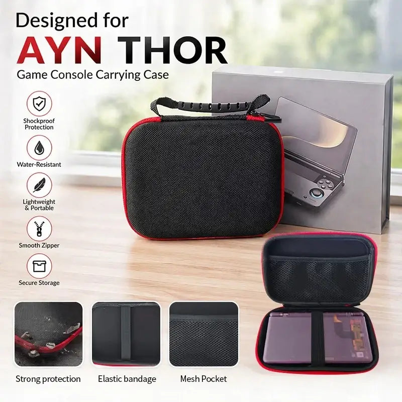 Black and red Ayn Thor hard shell protective case with mesh pocket and elastic bandage for game console storage