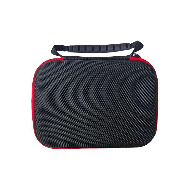 Ayn Thor protective hard shell case in black textured material with red trim and black padded handle