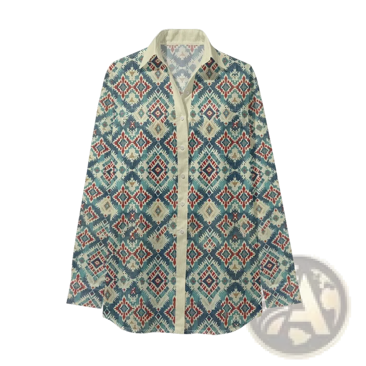 Aztec geometric button up women shirt with long sleeves featuring teal red and cream pattern and off-white collar and placket