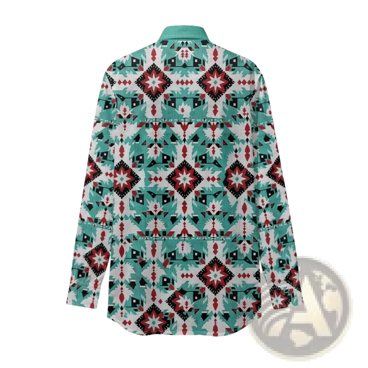 Aztec geometric button up women shirt with long sleeves and vibrant teal red black and white geometric pattern