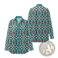 Teal and white long-sleeve cotton button-up shirt with Aztec geometric tribal pattern for women