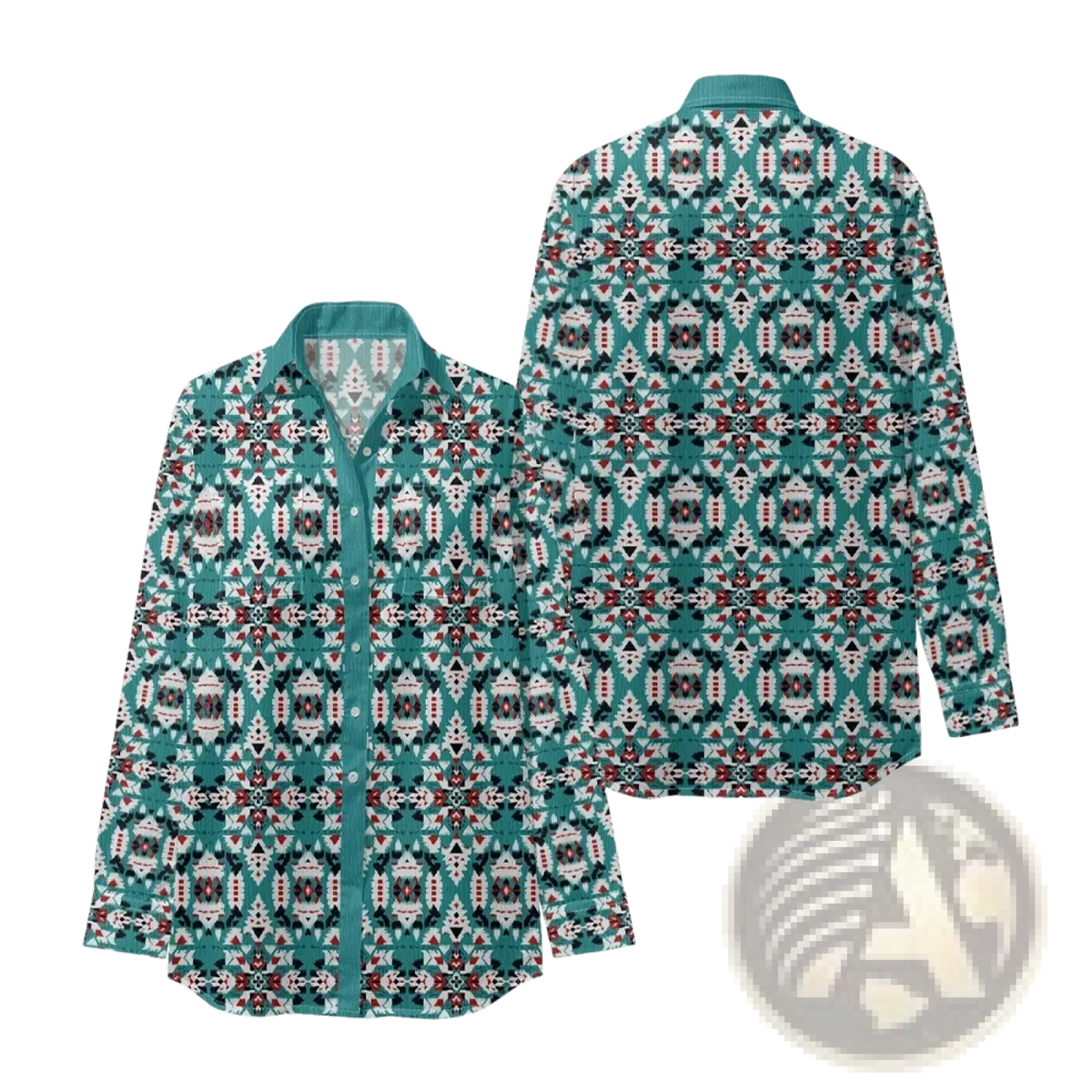 Teal and white long-sleeve cotton button-up shirt with Aztec geometric tribal pattern for women