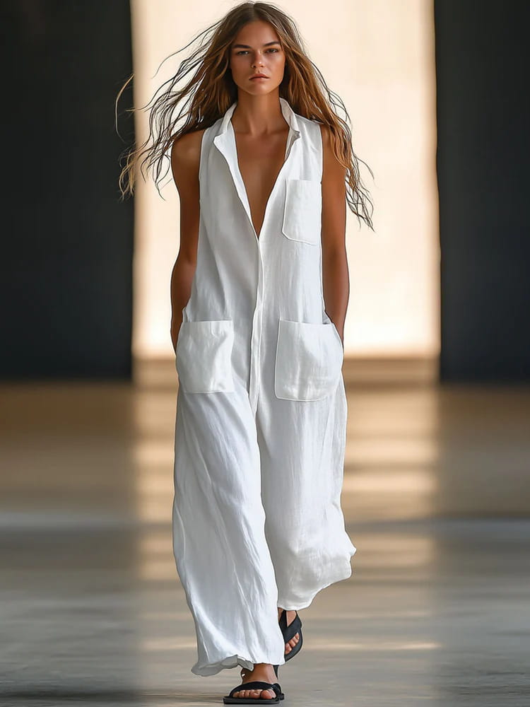 Combinaison blanche sans manches à jambes larges, à la silhouette ample et fluide, avec des poches avant en tissu léger.