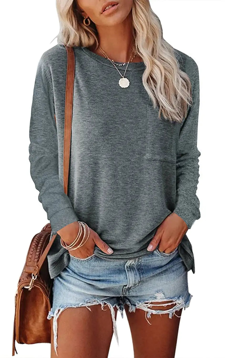 a soft heather gray relaxed pocket knit long sleeve t-shirt with a relaxed fit and front pocket