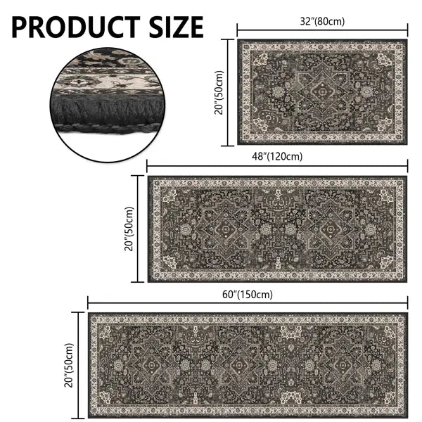 Una alfombra corredor lavable bohemia de color gris oscuro y beige, con adornos geométricos intrincados, en un conjunto de alfombras de cocina bohemias lavables con características antideslizantes