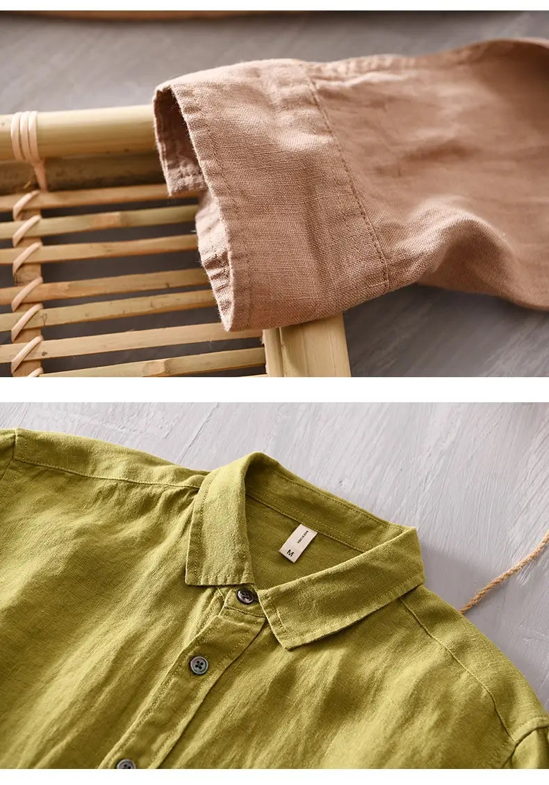 Ein weiches olivgrünes Herren-Cotton-Linen-Freizeithemd mit langen Ärmeln mit klassischem Kragen und geknöpfter Vorderseite.