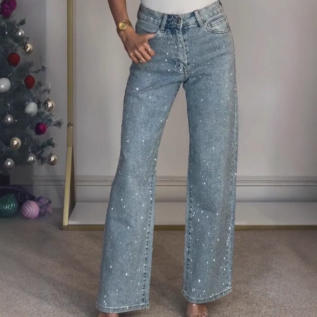 Jeans en denim taille haute à imprimé d’étoiles, en denim bleu clair, ornés de sequins argentés étincelants