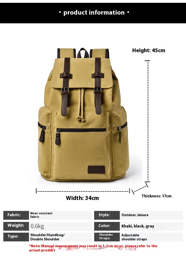 Khaki canvas men’s travel backpack with large 20-35 liter capacity featuring black leather straps and zippers.