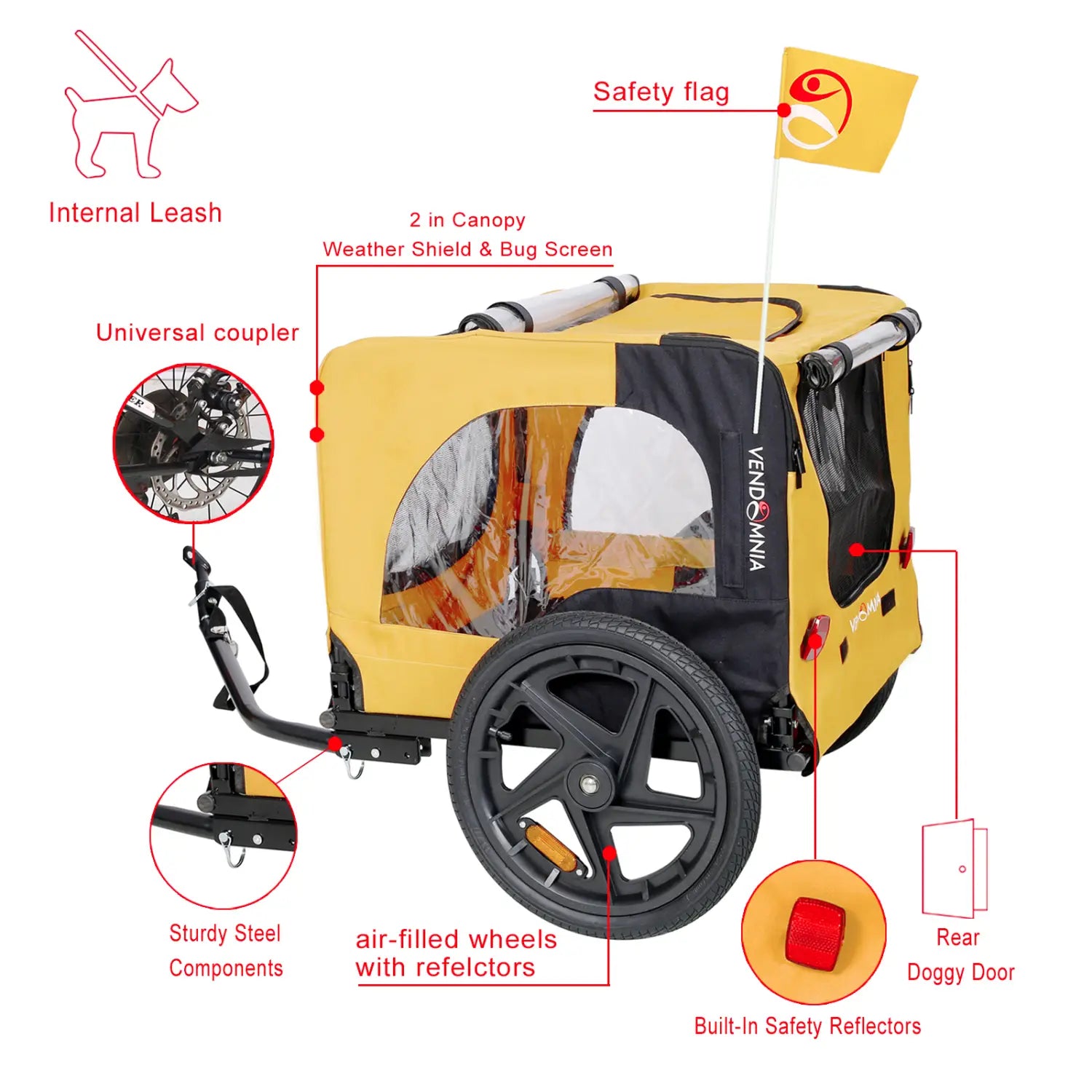 Yellow heavy duty foldable dog bicycle trailer shown from the back side featuring a yellow and black 2-in-1 canopy, air-filled wheels, and built-in safety reflectors.
