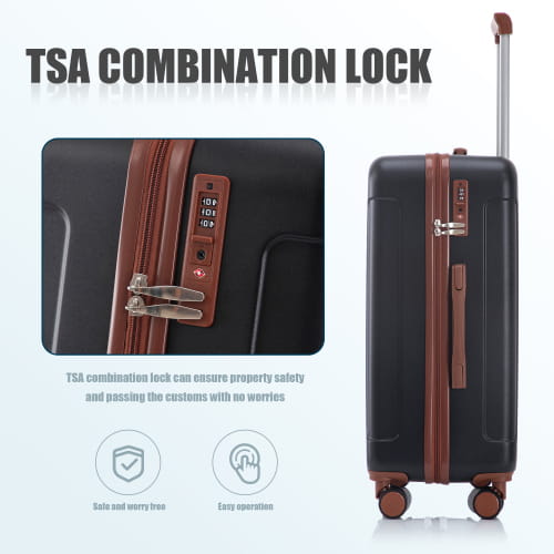 Black hard-shell suitcase with brown leather like trim and tsa combination lock from the 3 piece abs spinner luggage set