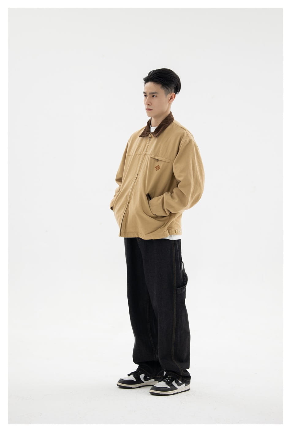 tan corduroy retro washed Detroit jacket for men with a brown collar and a subtle embroidered chest patch