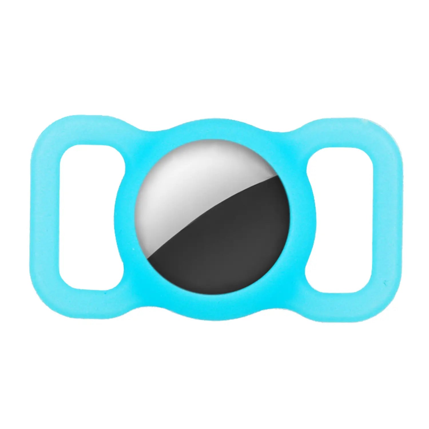 Light blue silicone protective case for apple airtag with a central circular opening revealing the device’s silver and black halves designed as a pet tracker protective case.