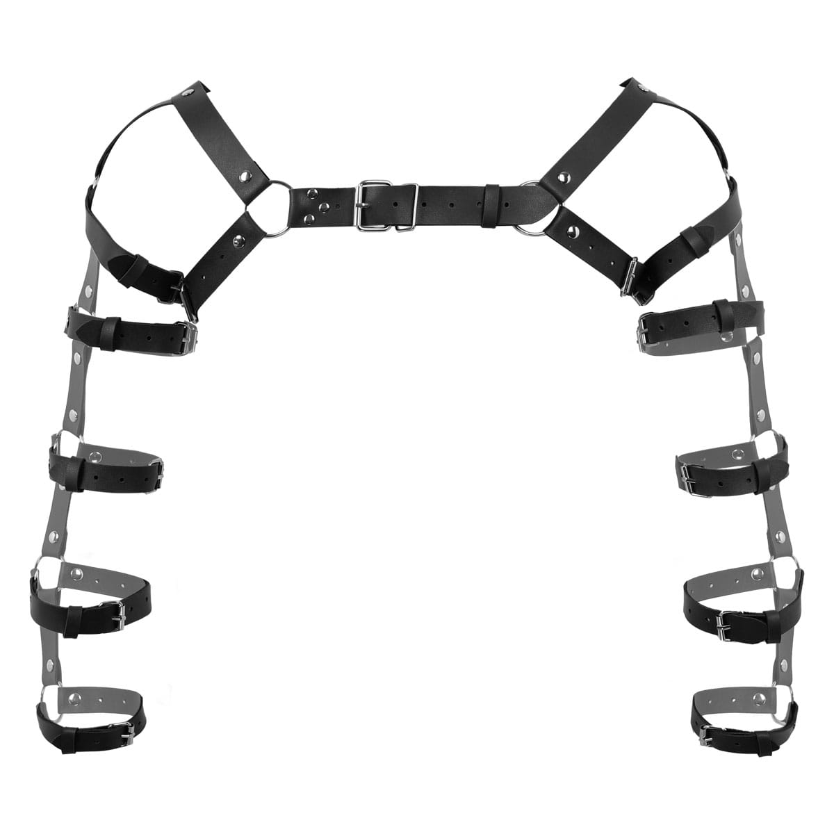Men’s leather chest harness in black with adjustable straps and silver-toned metal hardware designed for bondage use.