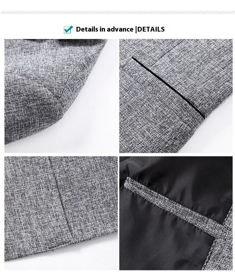 Anzugblazer mit schmaler Passform und einem Knopf, aus grauem, strukturiertem Wollgemisch, mit schwarzer Ziernähte und dezenter Fischgrätenbindung.