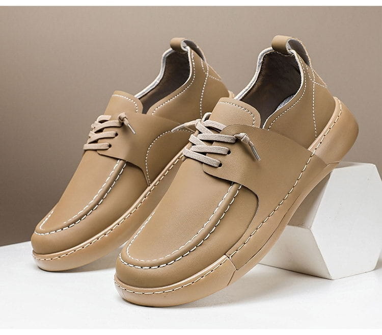 Chaussures rétro britanniques élégance décontractée en cuir beige, pour homme, à lacets, couture blanche et col rembourré.