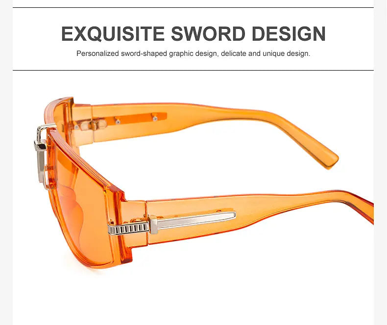 Vintage shield uv400 futuristic oversized sunglasses featuring orange translucent frames with sword-shaped graphic design and silver metallic accents.