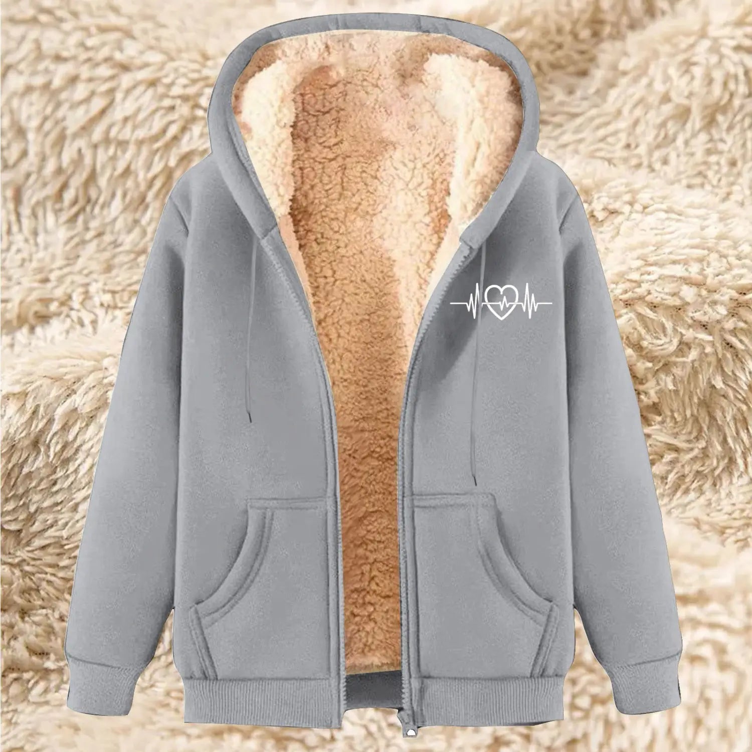 men’s gray zip-up hoodie with plush beige sherpa lining and white heartbeat heart design on the left chest designed for winter fleece warmth