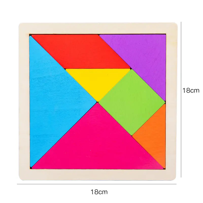 Jeu de tangram en bois vibrant multicolore dans un cadre en bois clair conçu comme un jouet géométrique coloré.