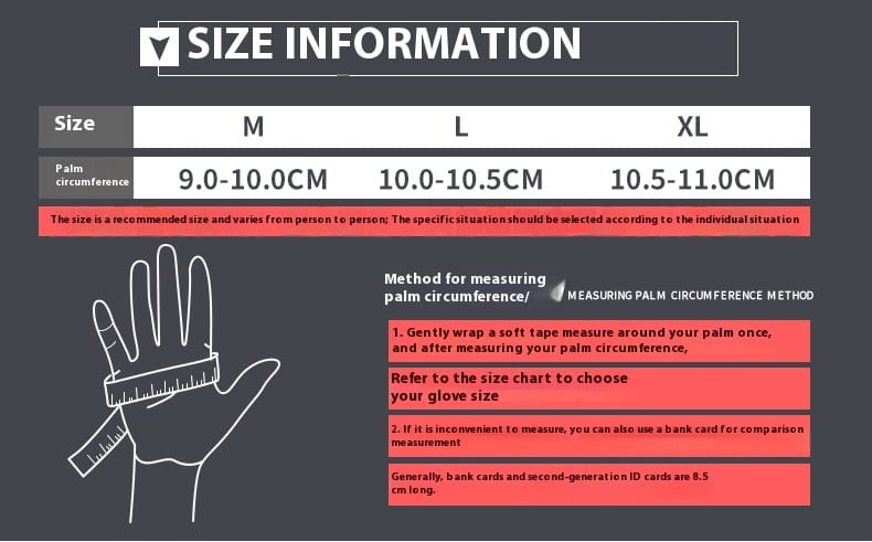Size chart for usb heated cycling gloves showing palm circumference measurements in centimeters for sizes M, L, and XL, highlighting touchscreen and windproof features.