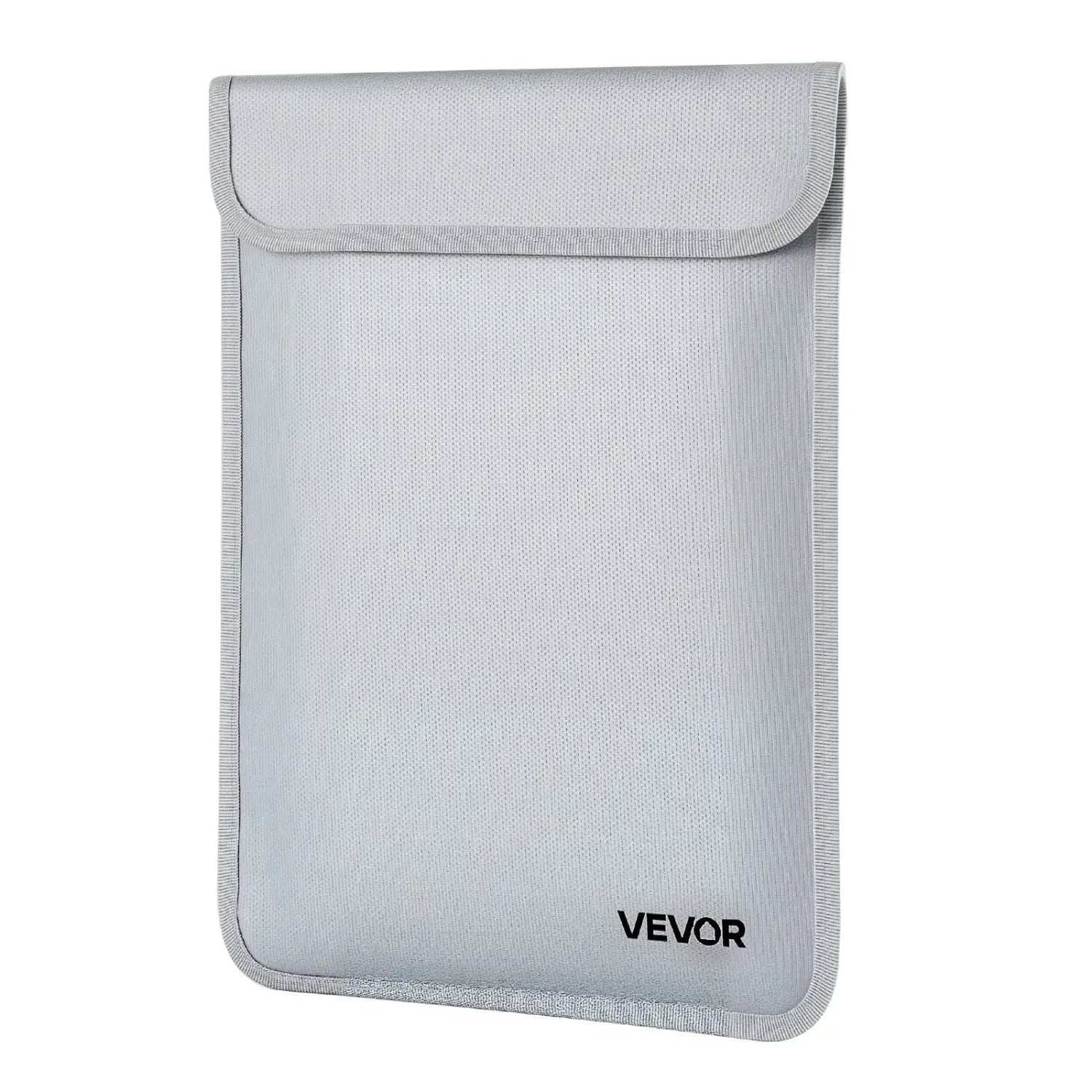 Manga de tela con textura gris claro con cierre de solapa con la marca Vevor en el frente, para una bolsa protectora ignífuga para documentos, organizador de archivos impermeable.