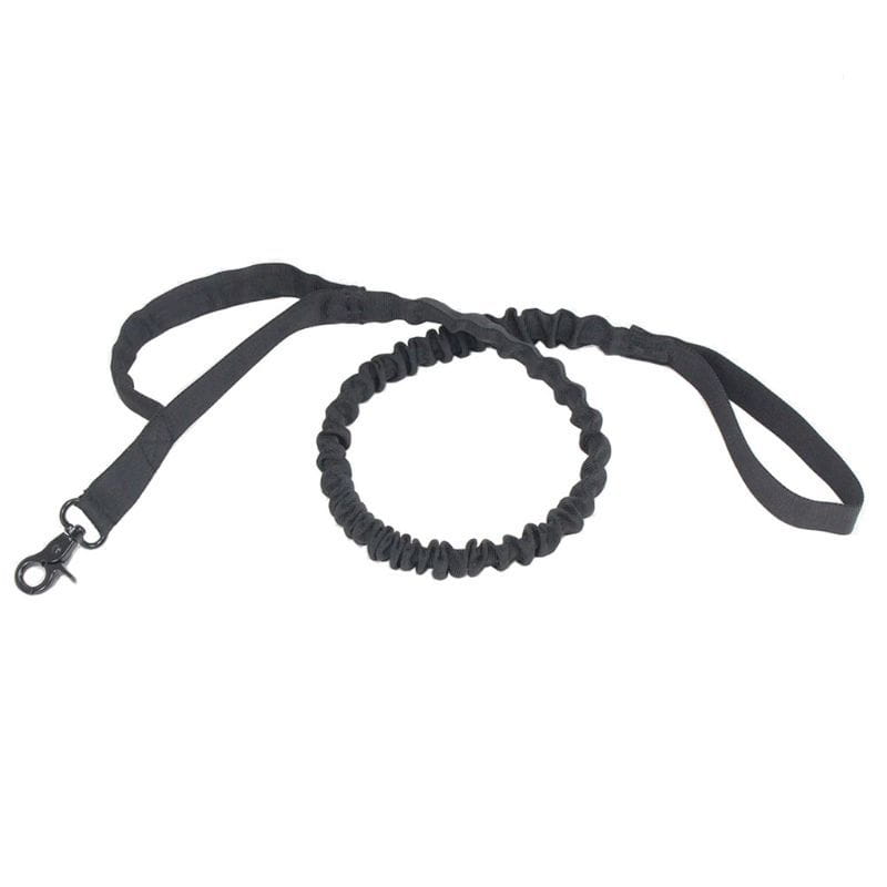 Tactical bungee dog leash black elastic with sturdy metal clasp and textured fabric handles for durable pet control.