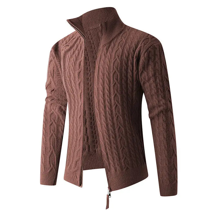 Men thick brown cable knit sweater with a high collar ribbed cuffs and a half zip closure made of warm knit material