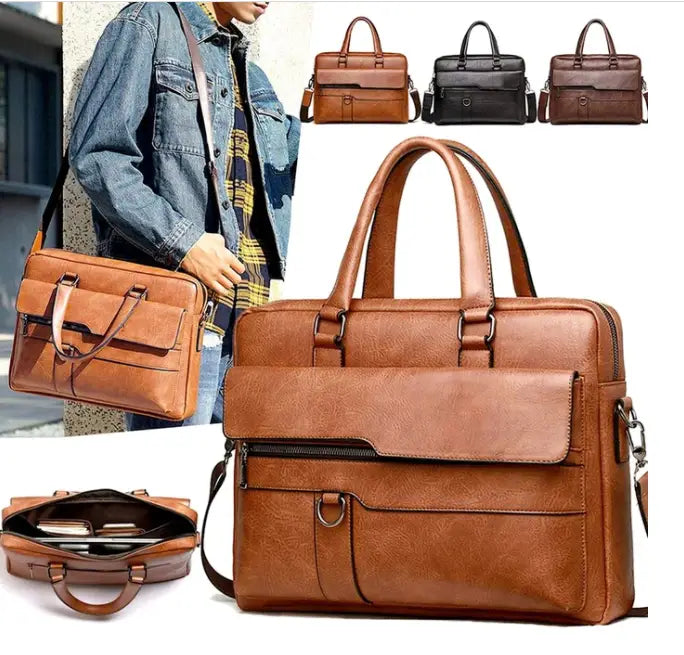 Brown leather briefcase shoulder bag for men made of premium pu with top handles and a front flap closure.