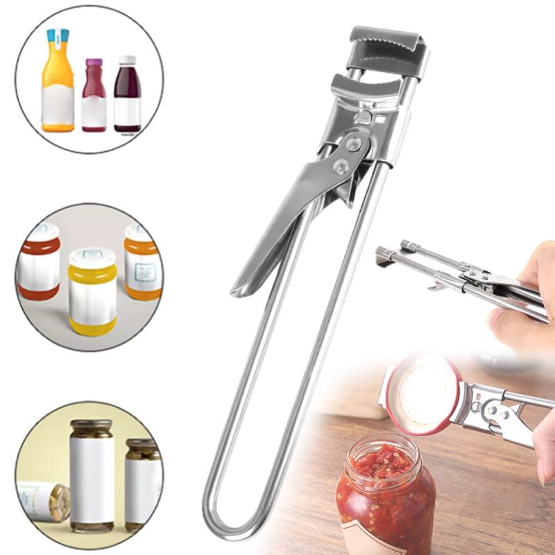 Stainless steel adjustable jar and bottle opener with a sleek, ergonomic design and sturdy lever mechanism.