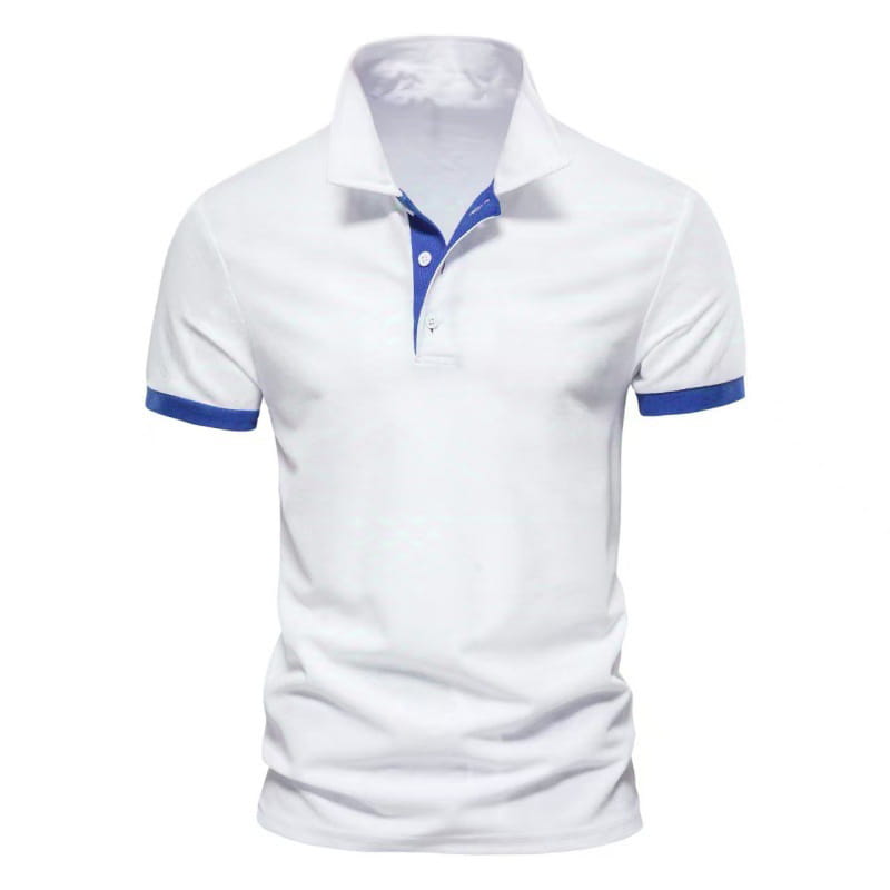 Weißes Herren-Poloshirt mit Farbblock-Kurzarm mit blauem Besatz an der Kragenknopfleiste und an den Ärmelabschlüssen.