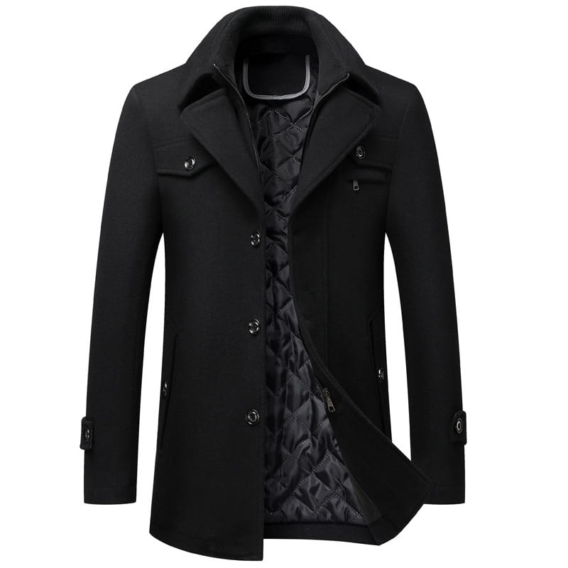 Black men wool winter overcoat with quilted interior and silver toned buttons designed for cold weather.