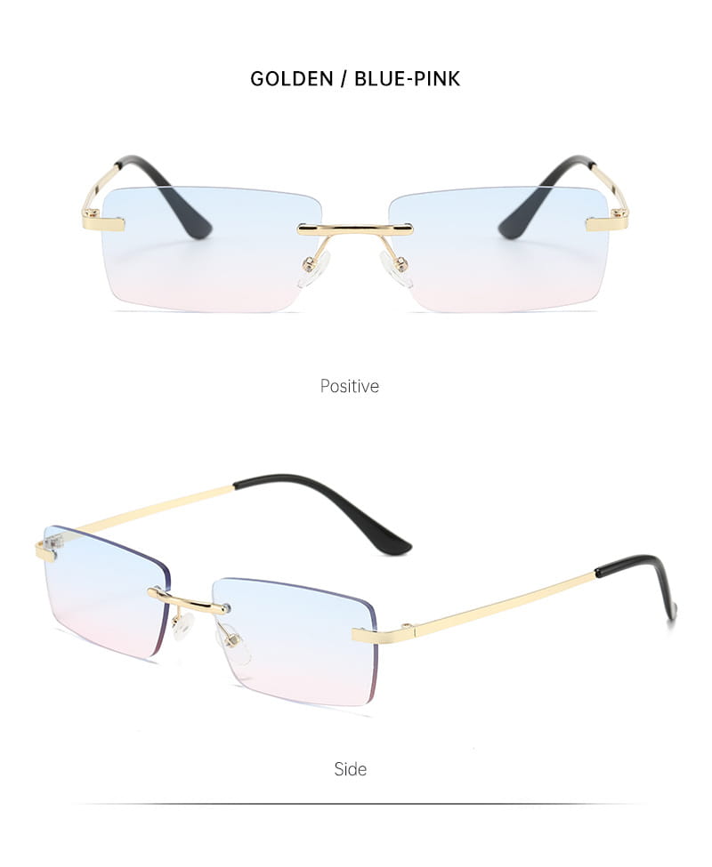Retro-Sonnenbrillen ohne Rand im quadratischen Format mit goldfarbenem Rahmen, blau-rosa Verlaufslinsen und goldfarbenem Zierband, als 6er-Set.