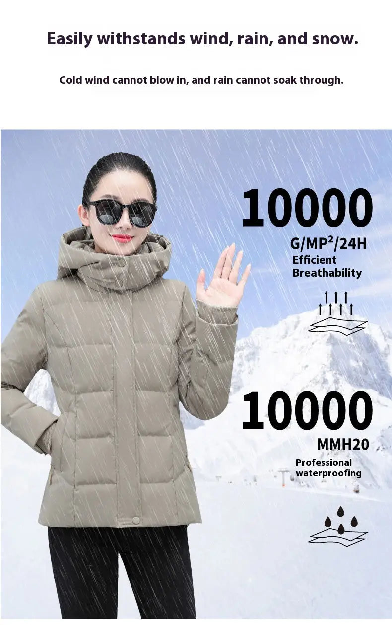 Chaqueta corta de plumón beige para mujer, acolchada, abrigo acolchado abrigador para el invierno, con cuello alto y tejido resistente al agua.