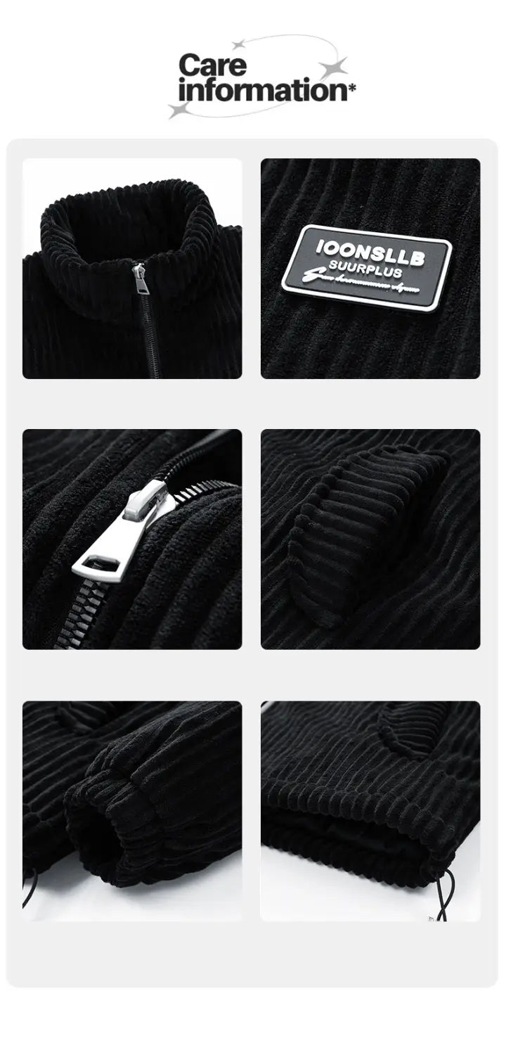 Schwarze Cord-Pufferjacke für Herren mit geripptem Stehkragen und silbernem Reißverschluss, als Winter-Warmmantel gestaltet.
