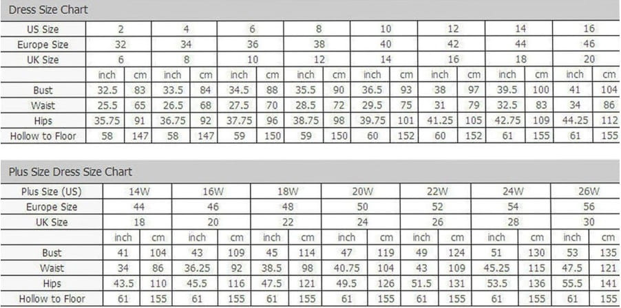 L’image présente un tableau de tailles de robe détaillé avec des mesures en pouces et en centimètres pour les tailles américaines (US), européennes, britanniques (UK), ainsi que pour les grandes tailles, incluant le tour de poitrine, la taille, le tour de hanches et les dimensions creux au sol pour une robe de mariée en dentelle à manches courtes, décolleté bijou, adaptée aux tailles petite longueur.