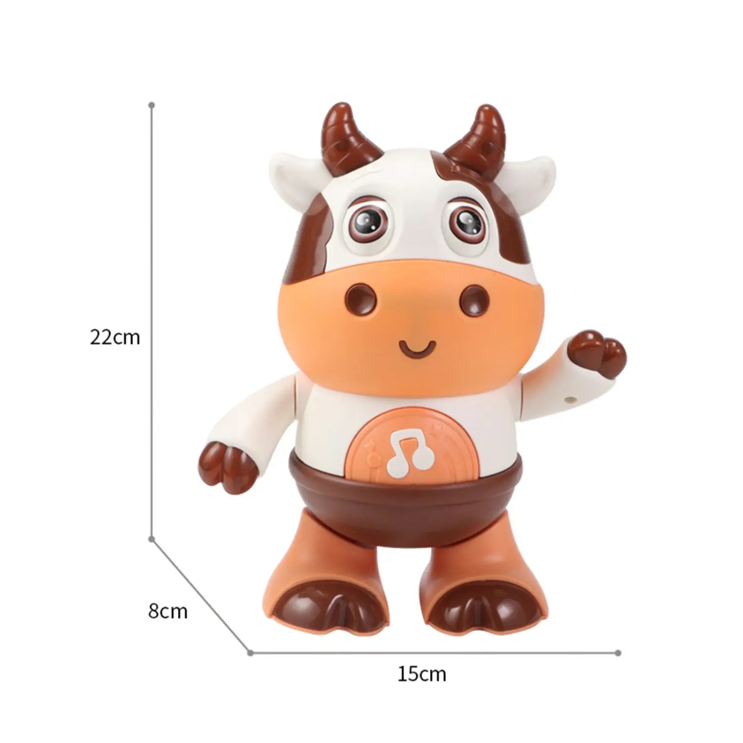 A charming brown and white plastic dancing cow musical robot toy with a cheerful orange snout and a belly band featuring a musical note design.