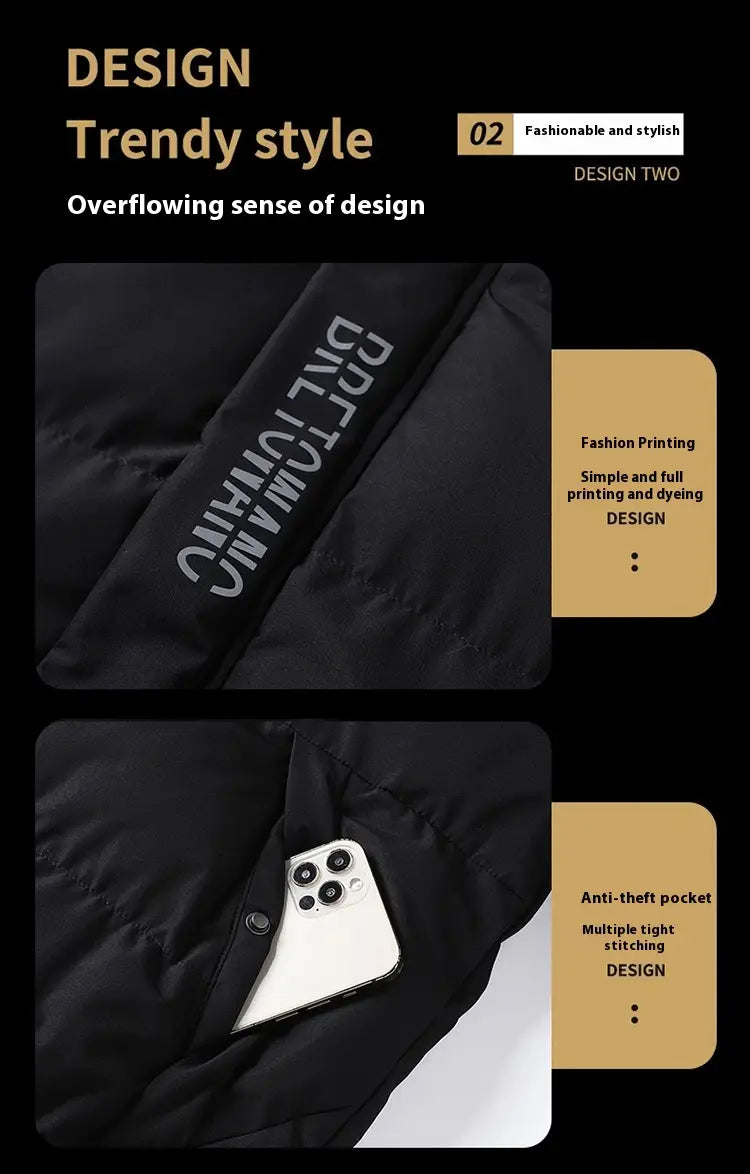 Men’s warm padded down black puffer jacket with drtomanc branding and an anti-theft pocket designed for cold weather.