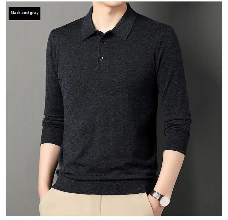 Herren-Wollstrick-Poloshirt mit langen Ärmeln aus schwarz-grau strukturierter Stoffoberfläche mit klassischem Kragen und geknöpfter Leiste.