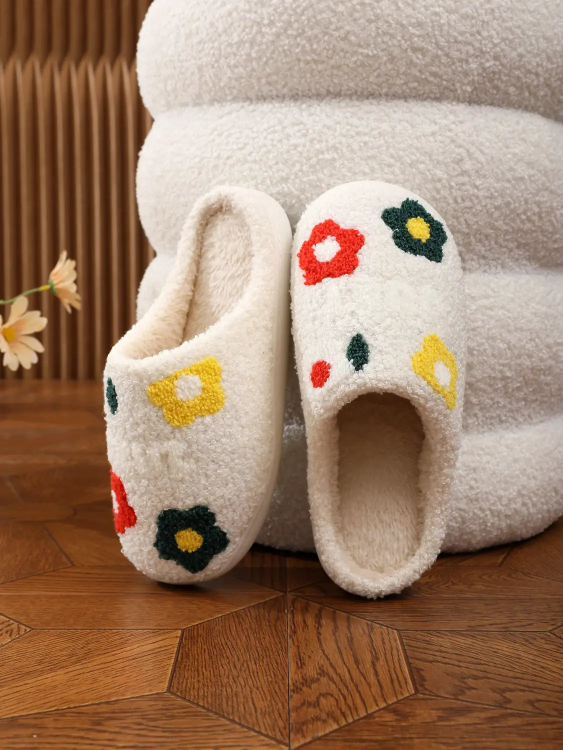 Cream-colored plush floral cotton slippers with colorful embroidered flowers and soft TPR sole.