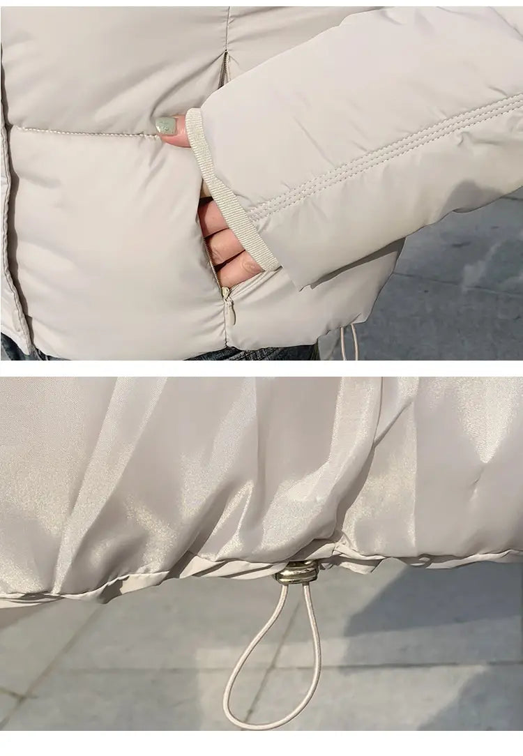 Beige women hooded short down jacket with quilted stitching and drawstring hem made of puffer material.