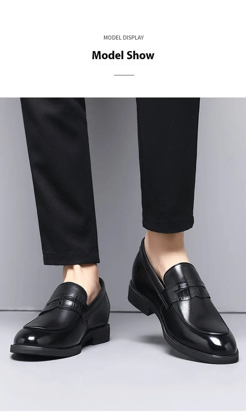 Men’s brown cowhide leather height increasing formal loafer with polished finish and black rubber sole.