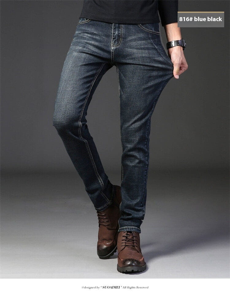 Pantalones vaqueros de mezclilla elástica de corte slim fit para hombre, en azul marino oscuro y negro, con costuras clásicas y diseño slim fit.