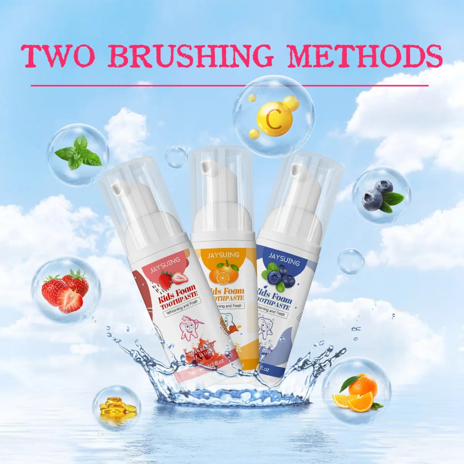 Three jaysuing kids foam toothpaste bottles with white pump dispensers and colorful strawberry orange and blueberry labels for cavity protection in 60ml size.