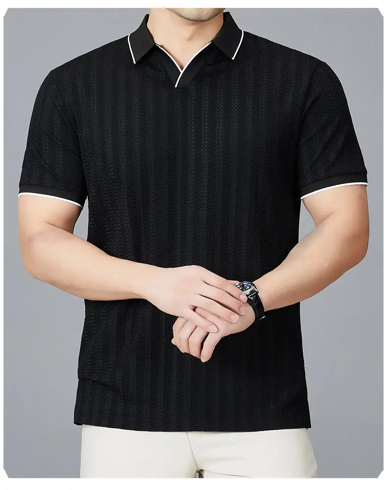 Black textured knit polo shirt made of ice silk material featuring white trim on the collar and sleeve cuffs for men.
