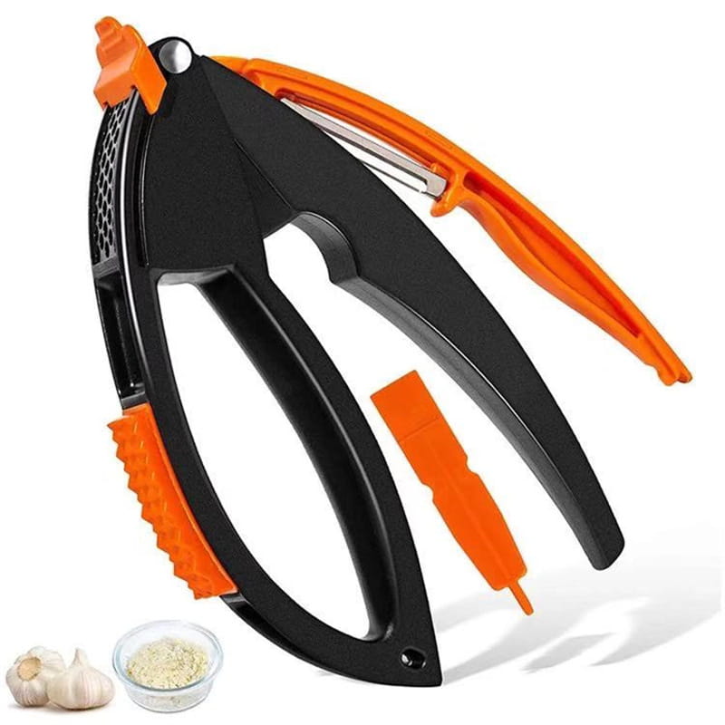 Black and orange garlic press with textured grips and stainless steel blade from garlic press and vegetable peeler kitchen tool set.
