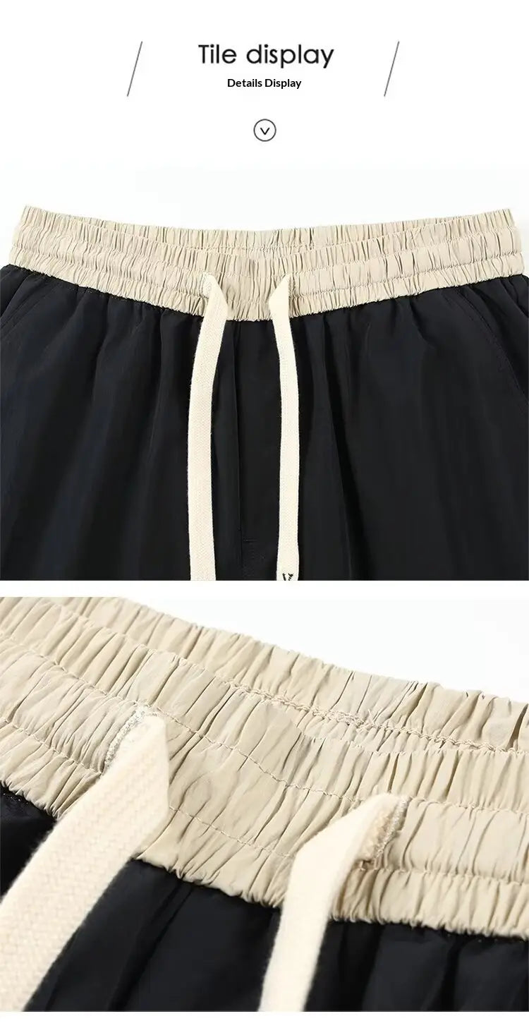 shorts en nylon décontractés pour hommes, coupe droite, noirs, avec une ceinture élastique beige et des cordons assortis