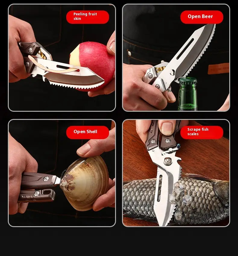 Multi-functional folding knife with a metallic blade and black handle featuring serrated edges for peeling fruit or opening beer in chicken bone scissors stainless steel kitchen shears design.