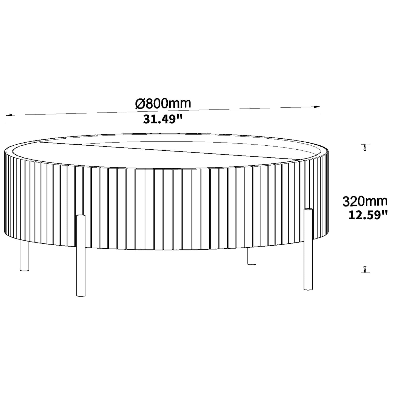 Mesa auxiliar redonda con almacenamiento, que incorpora lamas verticales y cuatro patas delgadas de madera natural, con 800 mm de diámetro y 320 mm de altura