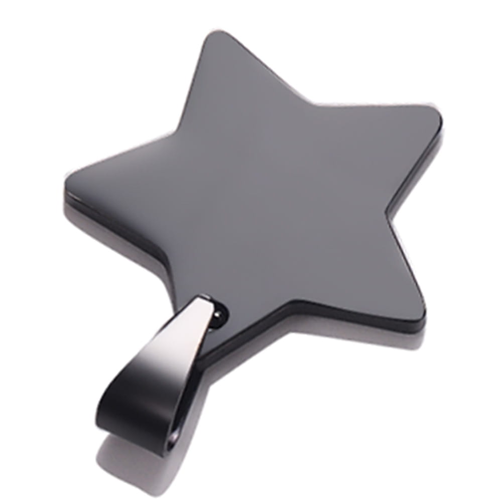 Black star-shaped stainless steel pendant necklace with a sleek glossy finish and a polished gold metal clasp