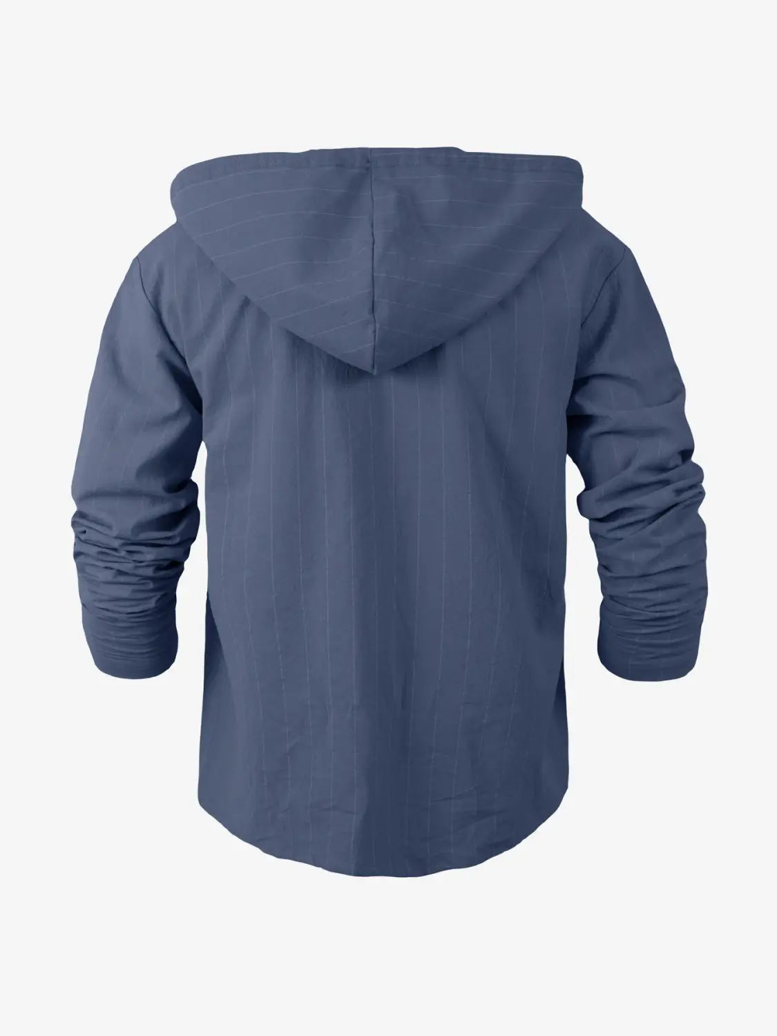 Navyblaues Kapuzenjacke aus Leinen mit langen Ärmeln und entspannter Passform, von hinten dargestellt, im Nadelstreifen-Kapuzen-Leinenhemd-Herren-Slim-Fit-Produktstil.