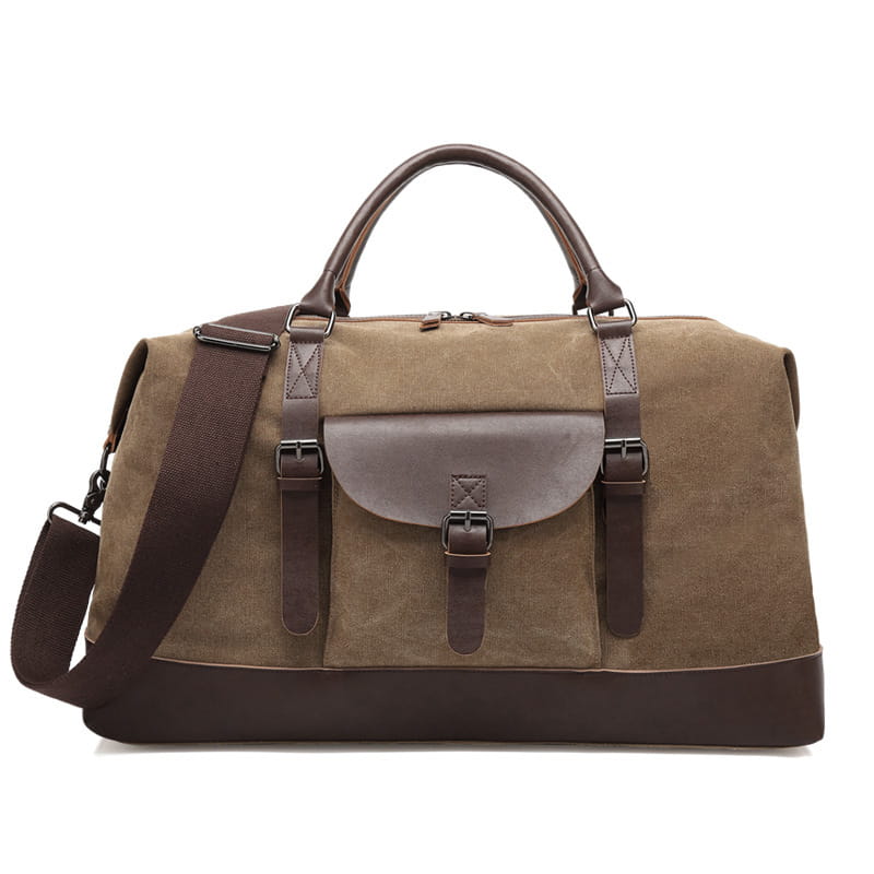 brown canvas duffel bag large travel handbag with leather trim featuring leather handles and straps